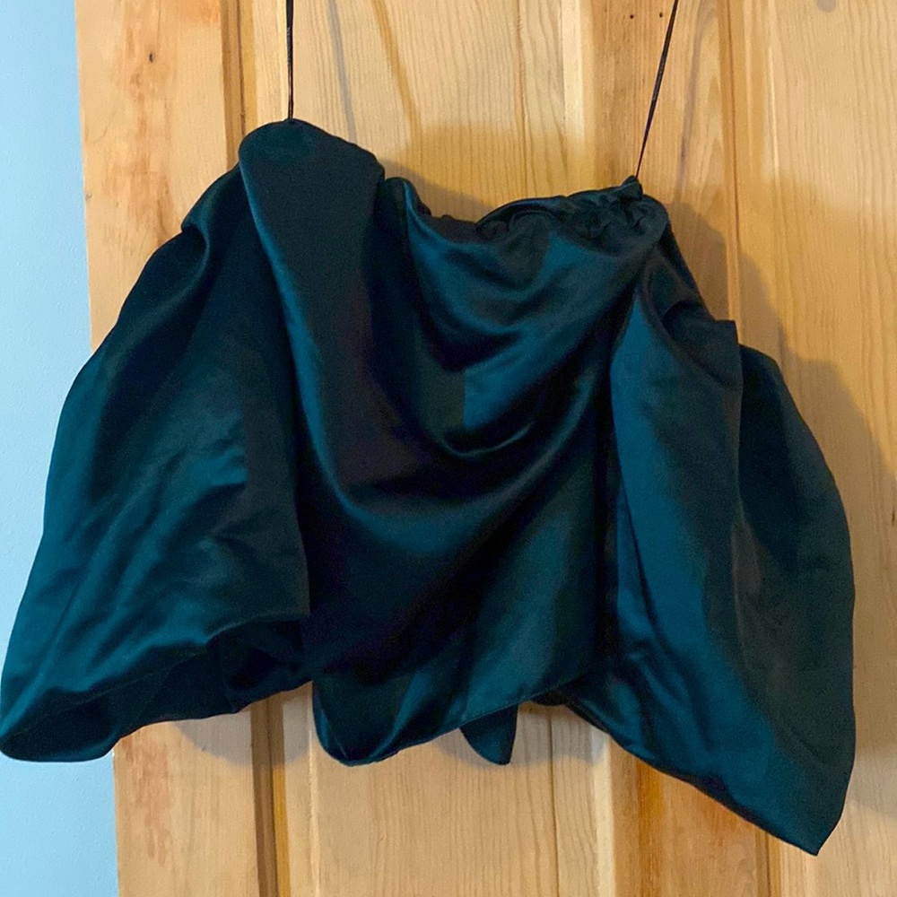 Zara puff sleeve, shoulderless silk blouse.